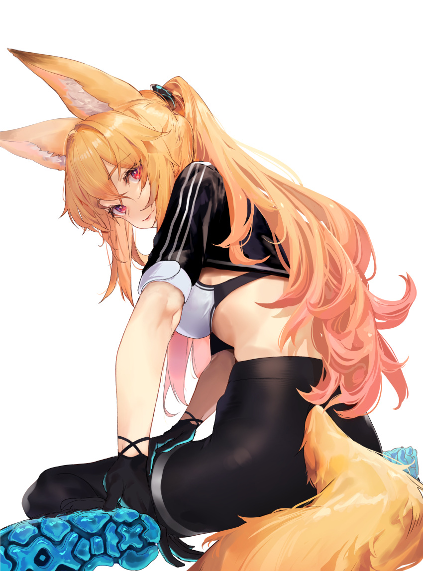 1girl absurdres animal_ear_fluff animal_ears artist_request black_gloves black_pants black_shirt blonde_hair blue_footwear bra breasts commission crop_top dungeon_and_fighter fine_fabric_emphasis fox_ears fox_girl fox_tail from_behind gloves highres kaiser_(myeonggihusband) large_ears long_hair looking_back medium_breasts midriff pants ponytail red_eyes shirt shirt_lift shoes short_sleeves sidelocks simple_background sitting solo tail tail_through_clothes underwear wariza white_background white_bra yoga_pants