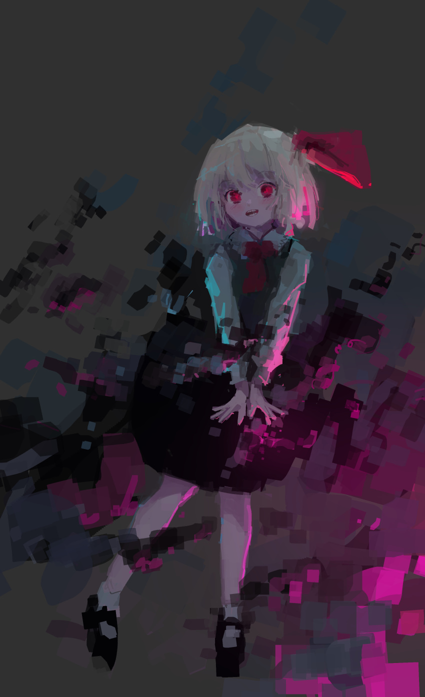 1girl :d absurdres ascot backlighting bangs black_footwear blonde_hair collared_shirt dark dark_background darkness eyebrows_visible_through_hair full_body glowing glowing_eyes hair_ribbon highres long_sleeves looking_at_viewer mary_janes no_lineart open_mouth red_eyes red_neckwear red_ribbon reddizen ribbon rumia sharp_teeth shirt shoes short_hair smile solo teeth touhou upper_teeth v_arms white_shirt wing_collar