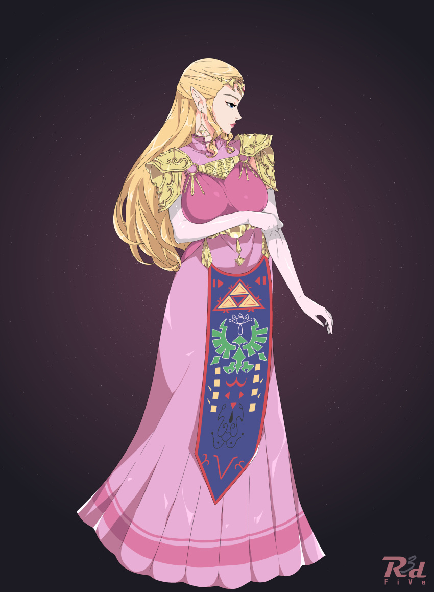 1girl absurdres artist_name blonde_hair breasts dress elbow_gloves facing_away gloves highres large_breasts long_dress long_hair looking_to_the_side pelvic_curtain pink_dress pointy_ears princess_zelda r3dfive solo the_legend_of_zelda the_legend_of_zelda:_ocarina_of_time white_gloves