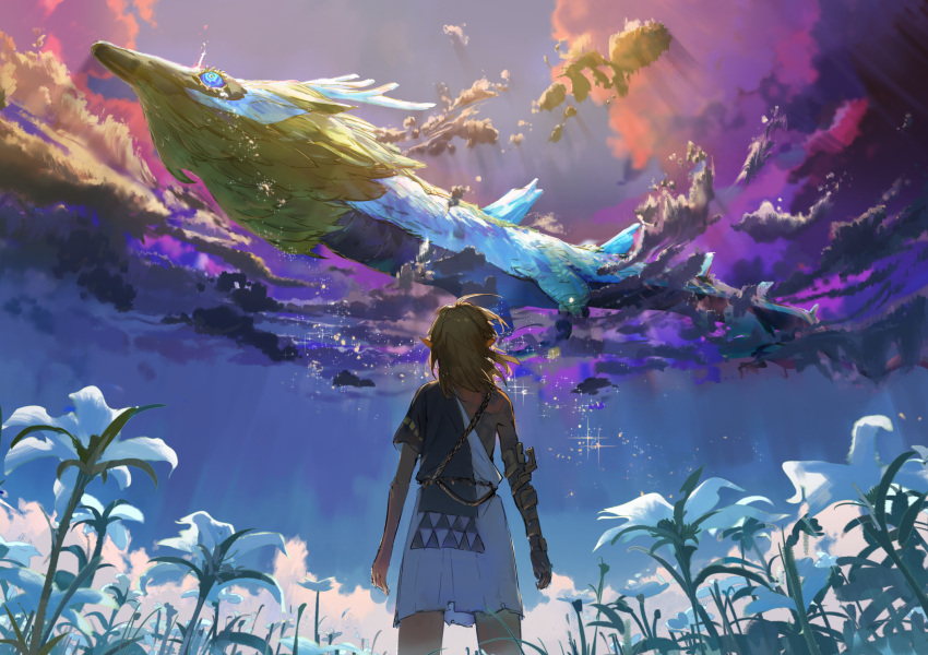 1boy antlers armor arms_at_sides ashorz blonde_hair blue_eyes blue_sky clouds facing_away field flower flower_field from_behind from_below greaves highres light_dragon_(zelda) link medium_hair outdoors pointy_ears purple_clouds scenery single_bare_shoulder single_greave sky sparkle standing the_legend_of_zelda the_legend_of_zelda:_tears_of_the_kingdom toga white_flower wide_shot