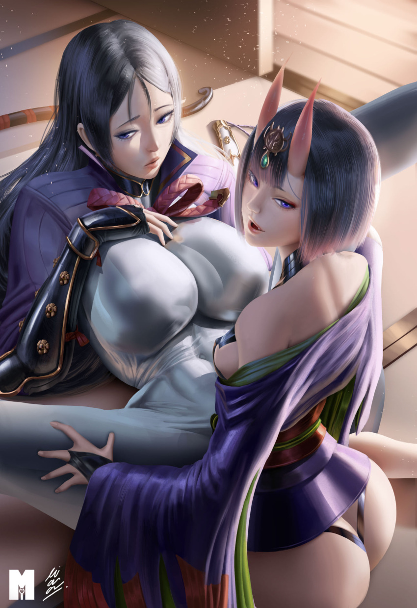 2girls armor ass back bangs bare_shoulders black_gloves bob_cut bodysuit bow_(weapon) breasts bridal_gauntlets eyeliner fate/grand_order fate_(series) fingerless_gloves gloves headpiece highres horns japanese_armor japanese_clothes katana kimono kote large_breasts long_hair long_sleeves looking_at_viewer looking_back looking_to_the_side lying makeup minamoto_no_raikou_(fate/grand_order) moi'dukdum multiple_girls off_shoulder on_back oni oni_horns parted_bangs parted_lips purple_bodysuit purple_hair purple_kimono revealing_clothes ribbed_sleeves short_hair shuten_douji_(fate/grand_order) skin-covered_horns small_breasts smile spread_legs sword thighs very_long_hair violet_eyes weapon wide_sleeves