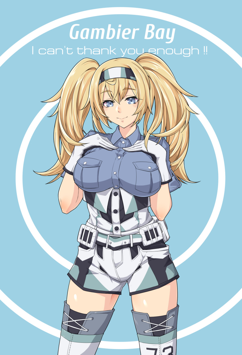 1girl black_shorts blonde_hair blue_background blue_eyes blue_shirt breast_pocket breasts character_name collared_shirt cowboy_shot gambier_bay_(kantai_collection) gloves green_shorts hairband hands_on_own_breasts highres kantai_collection kukurus large_breasts multicolored multicolored_clothes multicolored_gloves multicolored_shorts pocket shirt shorts smile solo standing thigh-highs twintails white_legwear white_shorts
