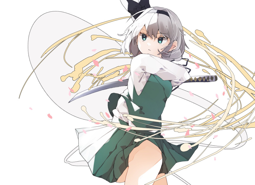 1girl black_hairband bob_cut breasts closed_mouth eyebrows_visible_through_hair feet_out_of_frame gominami green_eyes green_skirt green_vest hairband highres holding holding_sword holding_weapon katana konpaku_youmu long_sleeves pleated_skirt shirt short_hair silver_hair simple_background skirt small_breasts solo sword touhou vest weapon white_background white_shirt