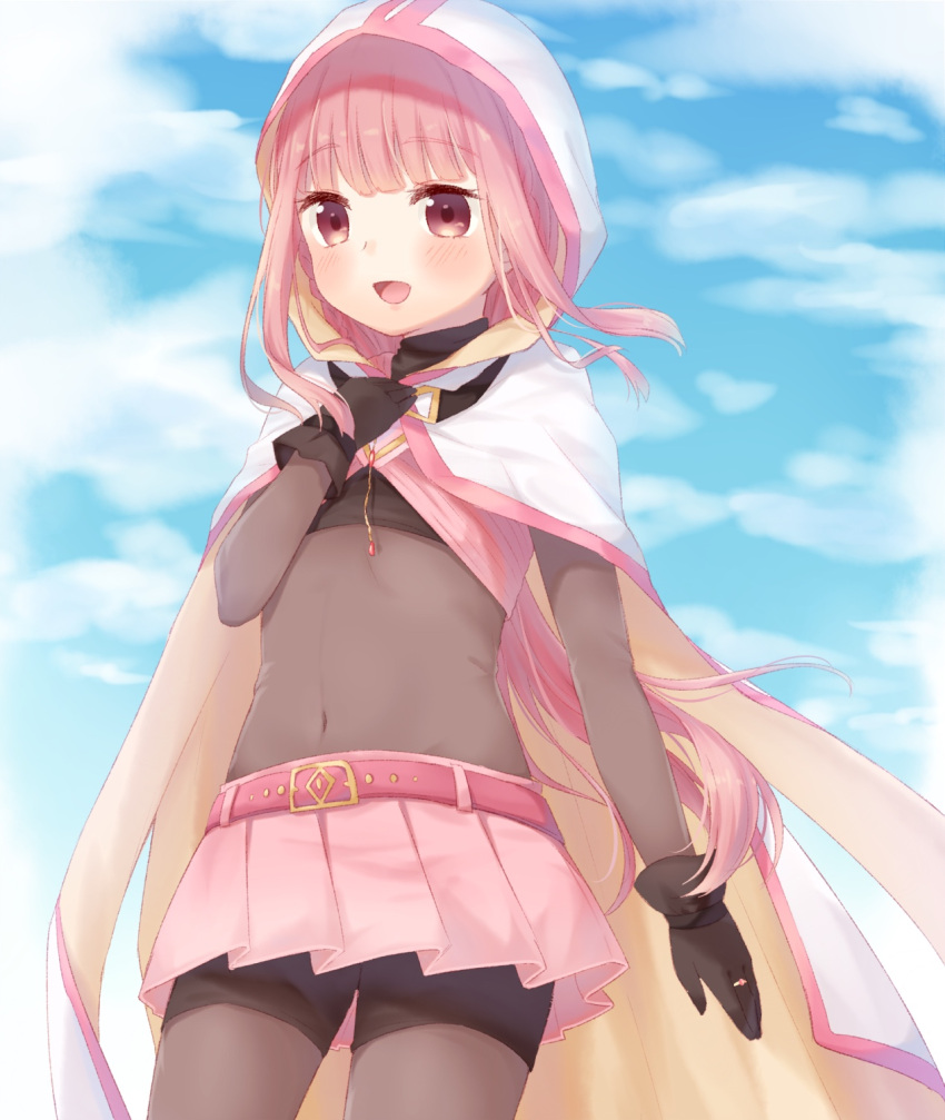 1girl :d belt beltskirt black_gloves black_shorts blush bodystocking cape eyebrows_visible_through_hair gloves highres hood hoodie jewelry kazane_mari long_hair looking_at_viewer magia_record:_mahou_shoujo_madoka_magica_gaiden mahou_shoujo_madoka_magica navel open_mouth outdoors pink_eyes pink_hair pink_skirt pleated_skirt ring short_shorts shorts sidelocks skirt sky smile solo sports_bra standing tamaki_iroha thighs white_hoodie