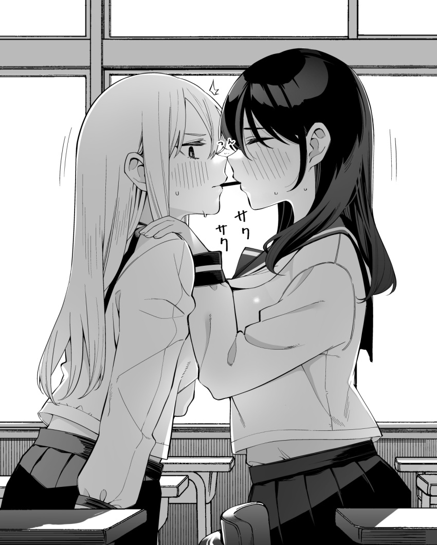 2girls ^^^ bangs blush breasts byte_(allbyte) closed_eyes commentary_request desk food greyscale hand_on_another's_shoulder highres indoors large_breasts long_hair looking_away monochrome mouth_hold multiple_girls original partial_commentary pleated_skirt pocky pocky_kiss school_desk school_uniform serafuku sidelocks sitting skirt sweat window yuri