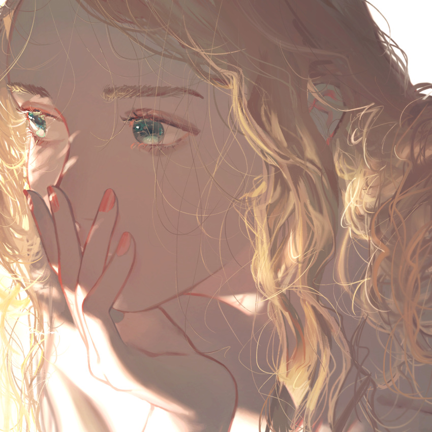 1girl backlighting blonde_hair chin_rest close-up covered_mouth curly_hair expressionless eyelashes face facing_viewer fingernails green_eyes hand_on_own_face hand_to_own_mouth hand_up highres kyuko2go leaning leaning_forward long_eyelashes long_hair looking_afar messy_hair original red_nails shaded_face sidelocks simple_background solo tareme thick_eyebrows upper_body white_background