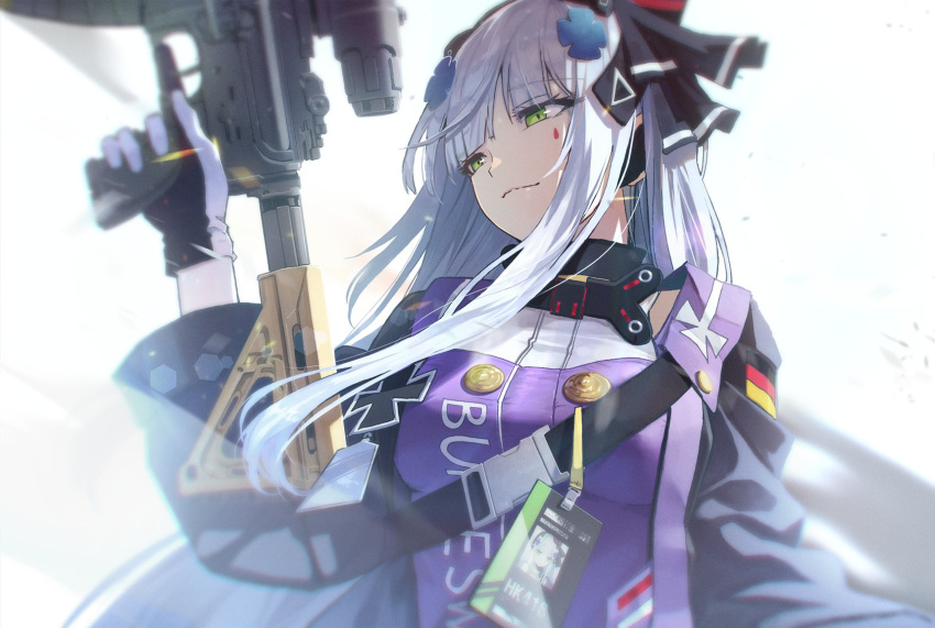 1girl assault_rifle bangs belt_buckle black_jacket black_ribbon blurry buckle closed_mouth depth_of_field eyebrows_visible_through_hair facial_mark german_flag girls_frontline gloves green_eyes gun h&amp;k_hk416 hair_ornament hair_ribbon hairclip hand_up head_tilt highres hk416_(girls_frontline) holding holding_gun holding_weapon id_card iron_cross jacket long_hair mixed-language_commentary mod3_(girls_frontline) multicolored multicolored_clothes multicolored_gloves open_clothes open_jacket ribbon rifle silver_hair solo teardrop trigger_discipline upper_body vikpie weapon