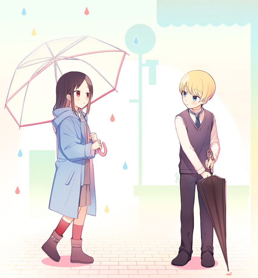 1boy 1girl bangs black_footwear black_pants blonde_hair blue_eyes blue_jacket blue_neckwear blush boots brown_hair commentary_request from_side full_body highres holding holding_umbrella hood jacket juugonichi_(wheeliex2) kaguya-sama_wa_kokurasetai_~tensai-tachi_no_renai_zunousen~ long_hair long_sleeves looking_at_another necktie pants parted_bangs pleated_skirt red_eyes shinomiya_kaguya shirogane_miyuki shirt shoes short_hair skirt standing umbrella white_shirt younger