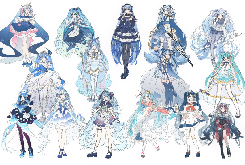 6+girls absurdres animal_ears aqua_hair bare_shoulders black_legwear blue_collar blue_dress blue_eyes blue_flower blue_footwear blue_hair blue_legwear blue_neckwear borrowed_design bow cape clam_shell collar collared_dress crossed_legs crystal dress dress_flower earmuffs expressionless fan flag flower footwear_bow frilled_dress frills full_body gloves gradient_hair hair_ornament hair_stick hand_on_own_chest harp hat hatsune_miku headdress high_heels highres holding holding_fan holding_flag holding_instrument holding_scepter holding_umbrella index_finger_raised instrument japanese_clothes jumping kneehighs krlouvf layered_dress leaning_forward leg_up light_blue_eyes long_hair looking_at_viewer mask mask_on_head multicolored_hair multiple_girls multiple_persona neckerchief one_eye_closed open_mouth paper_fan red_eyes sailor_collar sailor_hat scepter single_thighhigh skirt_hold smile snowflake_ornament snowflake_print staff standing thigh-highs tiara tongue tongue_out twintails uchiwa umbrella very_long_hair vocaloid white_background white_footwear white_gloves white_hair white_headwear white_legwear white_neckwear wide_sleeves yuki_miku