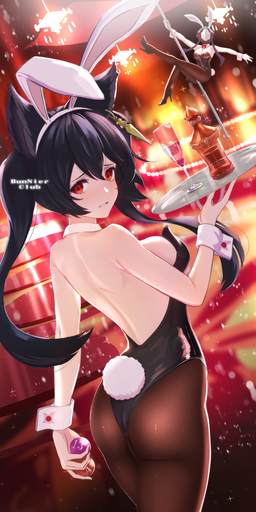2girls absurdres aiu_eo animal_ears ass bare_back bare_shoulders black_hair black_leotard bow bowtie breasts bunny_tail commentary_request cup death_(granblue_fantasy) drinking_glass dutch_angle ear_piercing erune fake_animal_ears glass_bottle granblue_fantasy high_heels highres leotard light_smile looking_at_viewer looking_back multiple_girls nier_(granblue_fantasy) pantyhose parted_lips piercing playboy_bunny playboy_bunny_leotard pole_dancing rabbit_ears red_eyes sideboob tail tray twintails wrist_cuffs