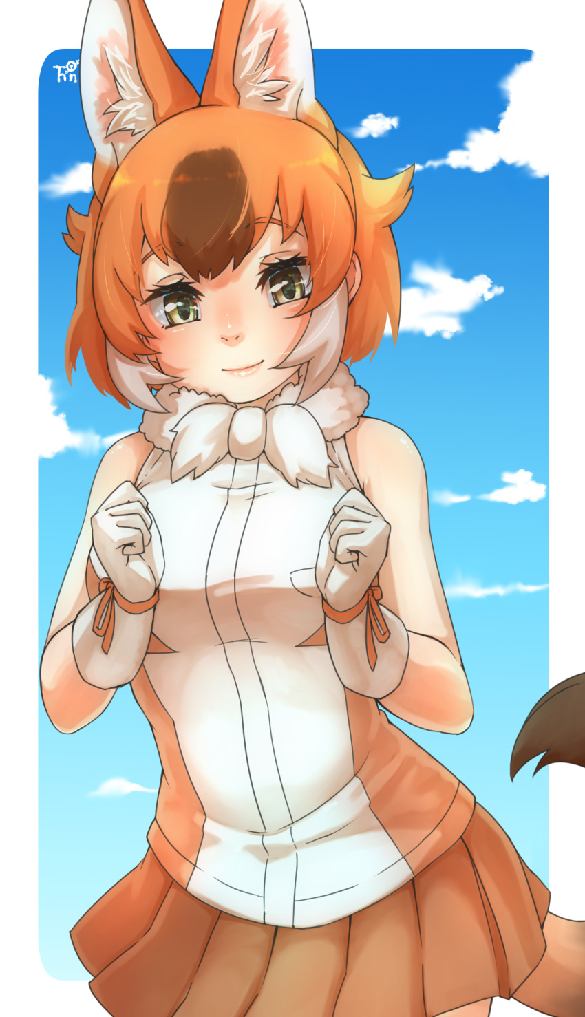 1girl animal_ear_fluff animal_ears bangs bare_arms bare_shoulders blue_sky brown_hair clenched_hands clouds commentary cowboy_shot dhole_(kemono_friends) dog_ears dog_tail eyebrows_visible_through_hair fur_collar gloves highres kemono_friends looking_at_viewer multicolored_hair orange_hair orange_ribbon orange_skirt pleated_skirt ribbon shirt short_hair skirt sky sleeveless sleeveless_shirt smile solo tail thin_(suzuneya) two-tone_hair white_gloves wrist_ribbon yellow_eyes