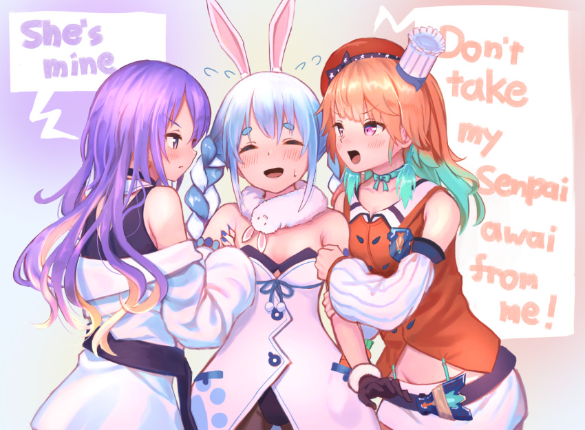 3girls :d animal_ears aqua_hair arm_grab bangs bare_shoulders black_gloves blonde_hair blue_hair blue_nails blush braid chef_hat closed_eyes coat commentary detached_sleeves earrings english_text eyebrows_visible_through_hair flying_sweatdrops girl_sandwich gloves gradient gradient_background gradient_hair hat hololive hololive_english hololive_indonesia jealous jewelry long_hair looking_at_another moona_hoshinova multicolored_hair multiple_girls off-shoulder_coat open_mouth orange_hair pantyhose purple_hair rabbit_ears roke_(taikodon) sandwiched short_eyebrows simple_background smile takanashi_kiara thick_eyebrows tilted_headwear twin_braids two-tone_hair usada_pekora v-shaped_eyebrows violet_eyes virtual_youtuber white_coat white_hair