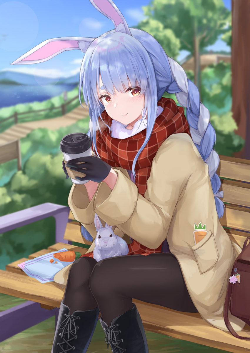 1girl animal_ears bag bangs beige_jacket bench black_footwear black_gloves black_legwear blue_sky blush boots braid bush carrot carrot_print charm_(object) clouds coffee_cup cross-laced_footwear cup disposable_cup food_print fur_collar gloves half_gloves handbag highres holding holding_cup hololive knee_boots lake long_sleeves looking_at_viewer mountain mountainous_horizon multicolored_hair orange_eyes outdoors pantyhose plaid plaid_scarf rabbit rabbit_ears railing red_scarf scarf shiunnkaku sidelocks sitting sky smile solo stairs thick_eyebrows tree twin_braids twintails two-tone_hair usada_pekora virtual_youtuber