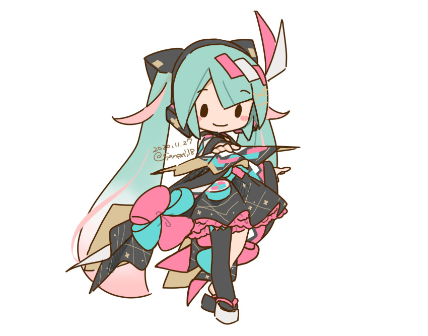 1girl aiming_at_viewer asymmetrical_legwear black_legwear blush_stickers chibi commentary_request fan folding_fan foreshortening full_body gradient_hair hair_ornament hatsune_miku highres holding holding_fan japanese_clothes kimono long_hair looking_at_viewer magical_mirai_(vocaloid) multicolored_hair pink_hair sangatsu_youka single_thighhigh smile solid_oval_eyes solo standing thigh-highs twintails very_long_hair vocaloid white_background yukata zouri