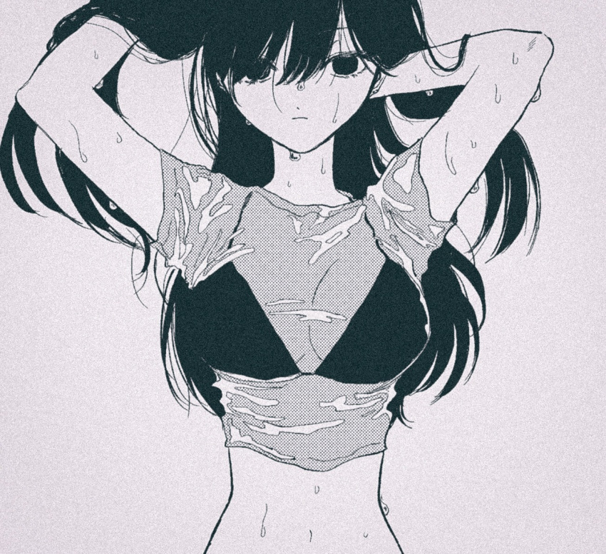 1girl arms_up bikini bikini_top black_bikini black_eyes black_hair greyscale hair_between_eyes hirumanoinu long_hair looking_at_viewer monochrome navel original see-through_shirt short_sleeves simple_background solo swimsuit upper_body wet white_background