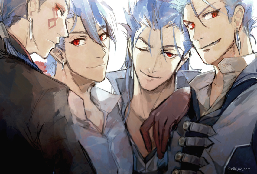 4boys alternate_costume beads blue_hair collar collared_shirt cu_chulainn_(fate)_(all) cu_chulainn_(fate/grand_order) cu_chulainn_(fate/prototype) cu_chulainn_alter_(fate/grand_order) dark_persona earrings facepaint fate/grand_order fate/prototype fate/stay_night fate_(series) grin hair_beads hair_ornament hakusaihatake highres jewelry lancer long_hair looking_at_viewer male_focus multiple_boys multiple_persona one_eye_closed ponytail popped_collar red_eyes shirt short_hair smile spiky_hair the_musketeers_(fate/grand_order) type-moon