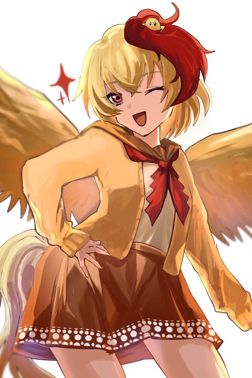 animal_on_head bird bird_on_head bird_tail bird_wings brown_skirt chick chicken cowboy_shot feathered_wings hand_on_hip highres jacket miniskirt multicolored_hair niwatari_kutaka on_head one_eye_closed open_mouth orange_jacket red_neckwear red_ribbon ribbon shirt short_hair simple_background skirt sparkle tail_feathers touhou two-tone_hair wamaru white_background white_shirt wings yellow_wings