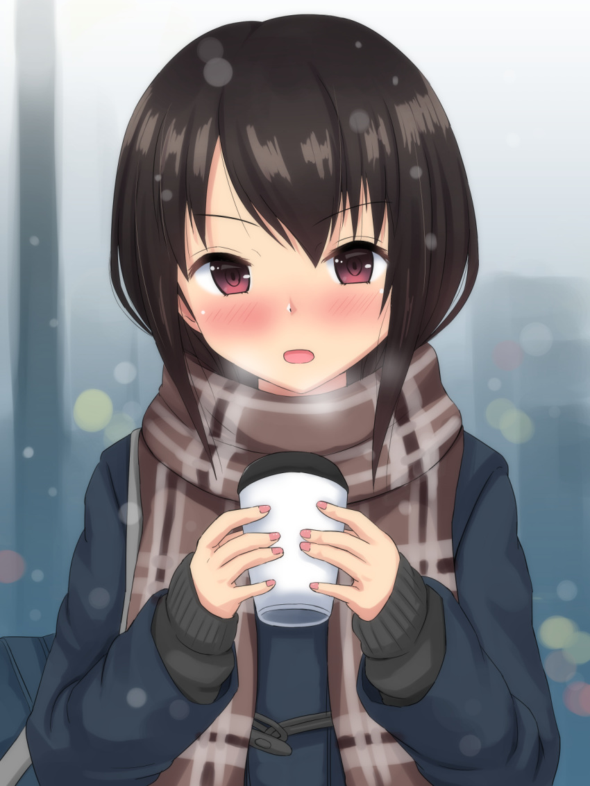 1girl bag bangs black_sweater blue_coat blurry blurry_background blush breath brown_hair coat commentary_request cup drink eyebrows_visible_through_hair highres holding holding_cup holding_drink long_sleeves looking_at_viewer medium_hair nail_polish ntraru open_mouth original pink_nails scarf school_bag solo sweater violet_eyes