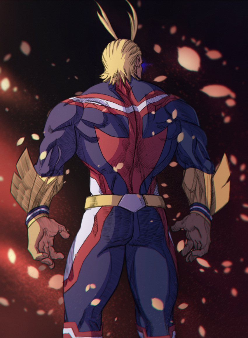 1boy absurdres all_might antenna_hair ass back blonde_hair blue_bodysuit bodysuit boku_no_hero_academia covered_eyes feet_out_of_frame from_behind hair_slicked_back highres male_focus medium_hair muscle petals skedoodly smile solo superhero thighs