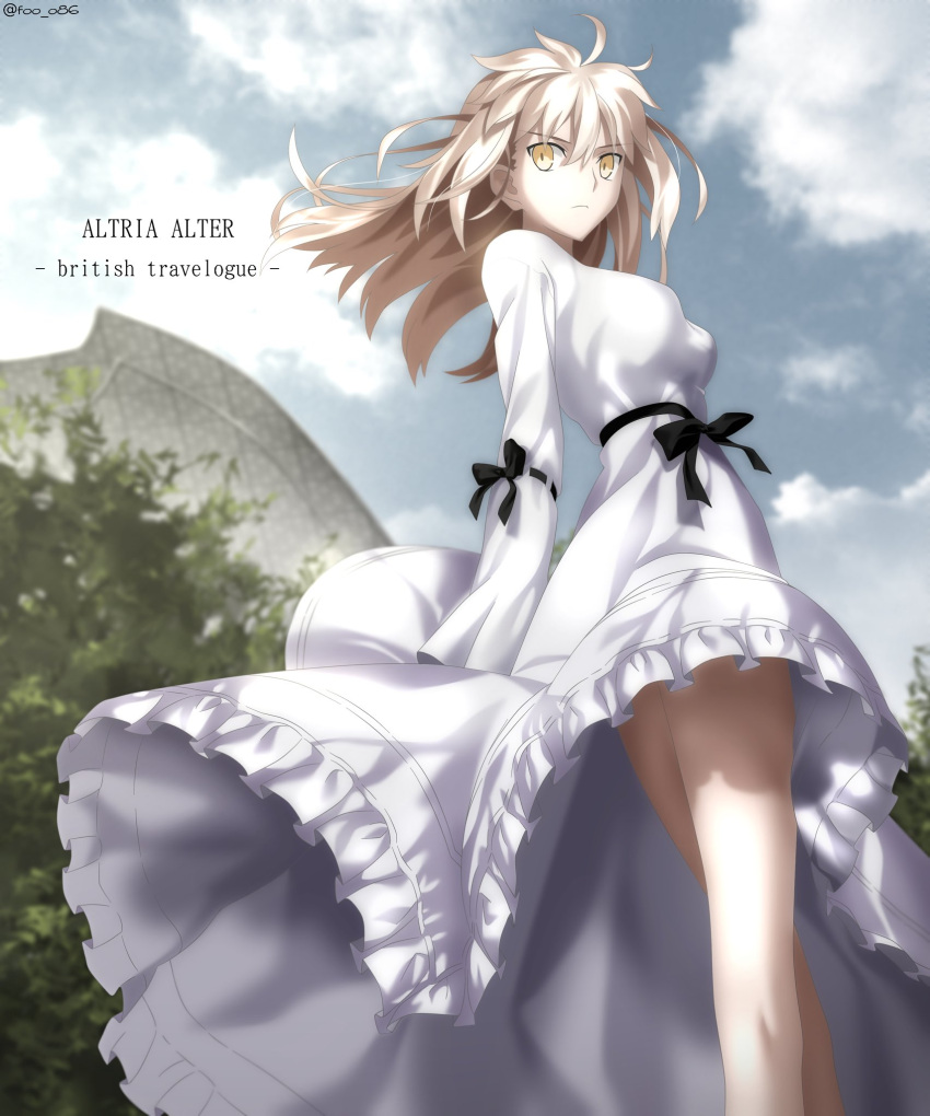 &gt;:( 1girl ahoge artoria_pendragon_(all) bare_legs black_bow blonde_hair blue_sky bow breasts character_name closed_mouth clouds day dress english_text fate/grand_order fate_(series) feet_out_of_frame foo_(pixiv54892036) frilled_dress frills from_behind highres long_hair long_sleeves looking_at_viewer looking_back medium_breasts outdoors saber_alter sky solo standing twitter_username white_dress yellow_eyes