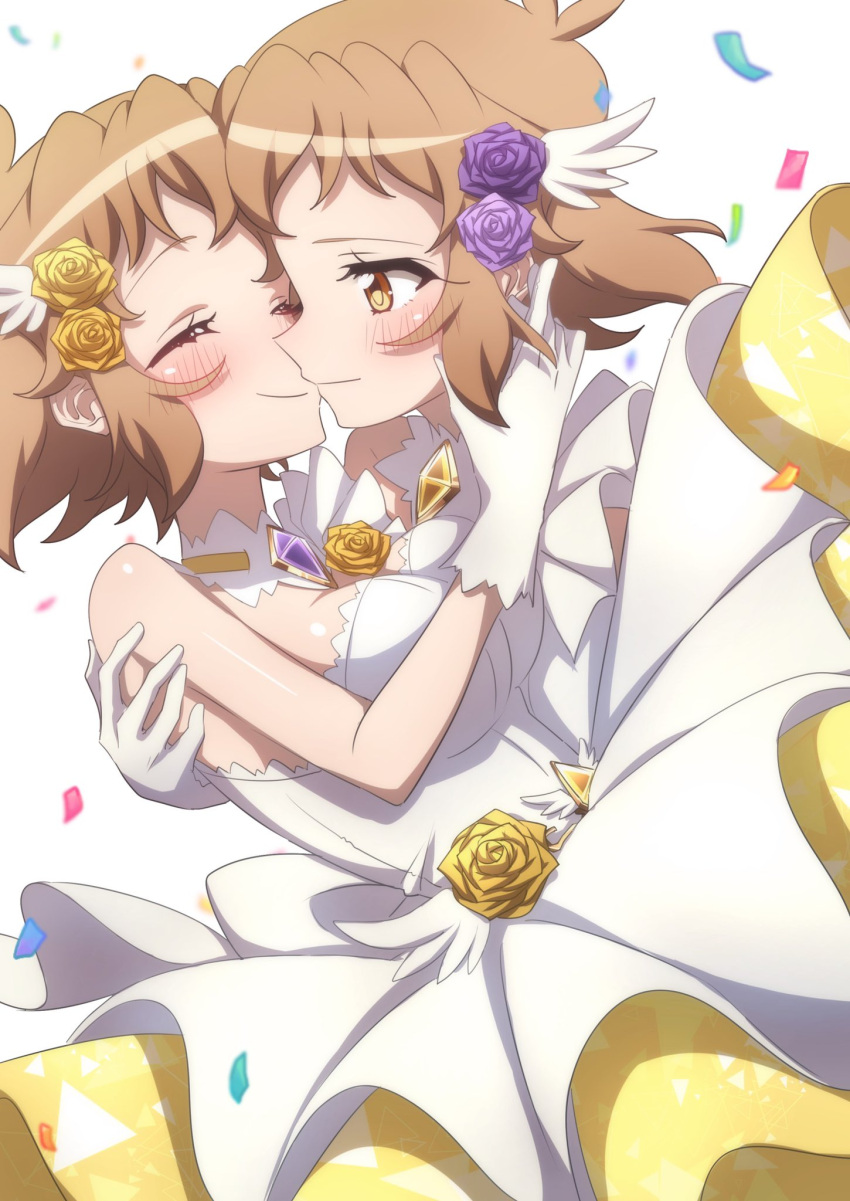 2girls blonde_hair blush carrying closed_eyes closed_mouth dress flower gloves hair_flower hair_ornament highres imminent_kiss looking_at_another multiple_girls princess_carry rose selfcest senki_zesshou_symphogear shiny shiny_hair shiny_skin short_hair simple_background smile tachibana_hibiki_(symphogear) white_background white_dress white_gloves yellow_eyes yukitsuba_hina yuri