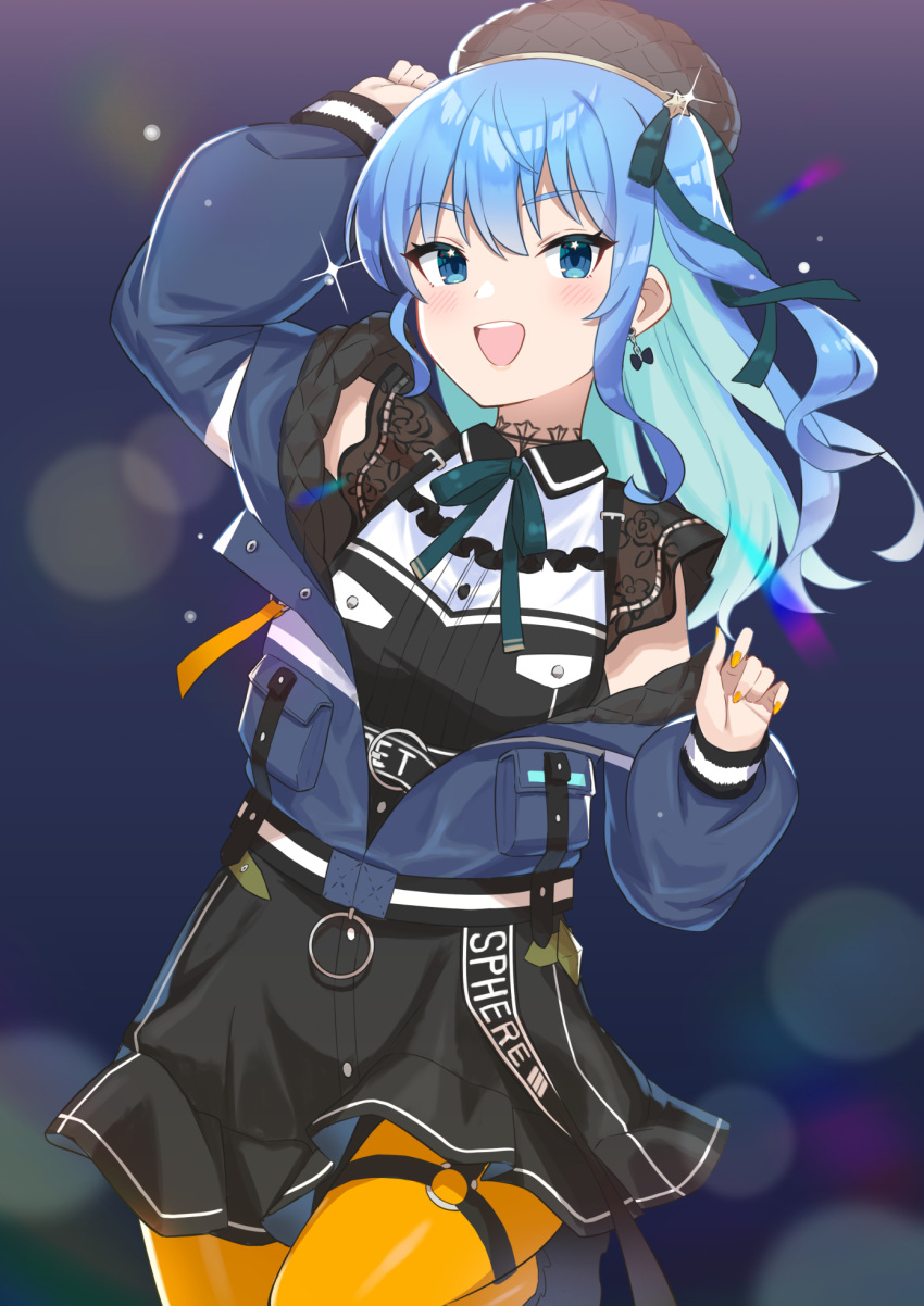 1girl bangs belt beret black_skirt blue_coat blue_eyes blue_hair blush bow bow_earrings breasts choker coat commentary_request earrings eyebrows_visible_through_hair gukurosawa01 hair_ribbon hat highres hololive hoshimachi_suisei jewelry lace lace_choker long_hair long_sleeves looking_at_viewer nail_polish off-shoulder_coat open_clothes open_mouth orange_legwear orange_nails ribbon skirt small_breasts smile solo thigh-highs virtual_youtuber winter_clothes winter_coat