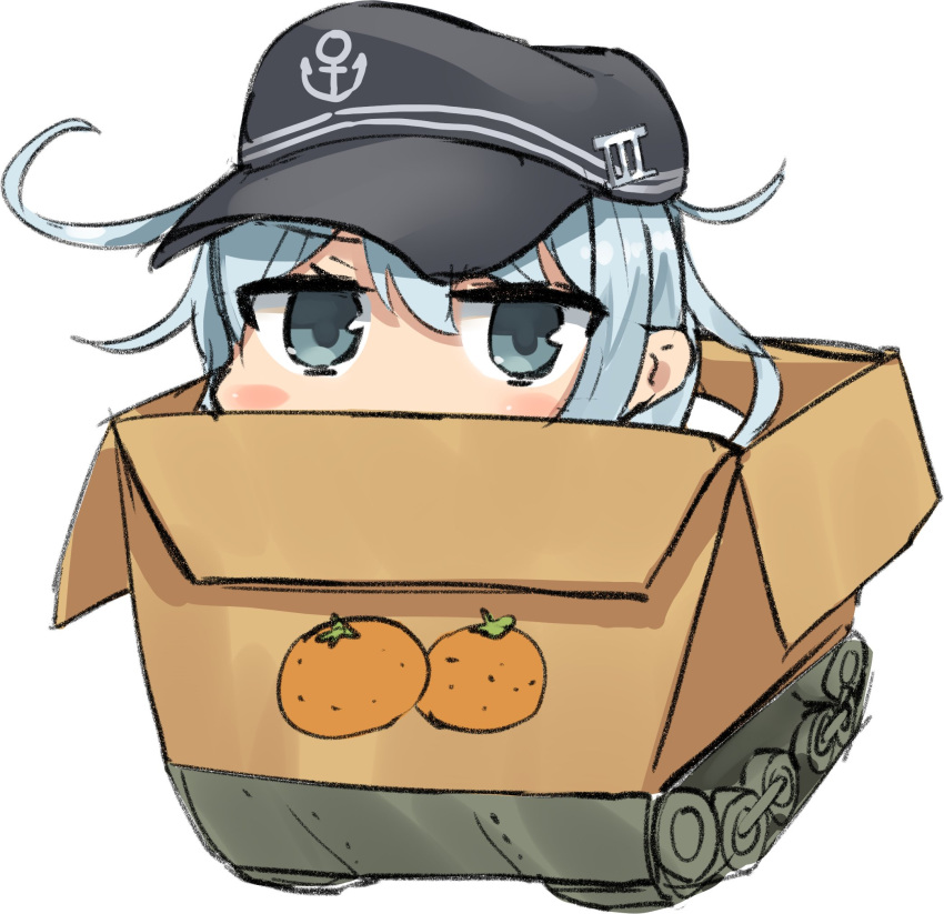 1girl blue_eyes box cardboard_box food fruit ground_vehicle hibiki_(kantai_collection) highres kantai_collection long_hair looking_at_viewer mandarin_orange mikan_box military military_vehicle motor_vehicle osananajimi_neko simple_background solo tank upper_body white_background white_hair