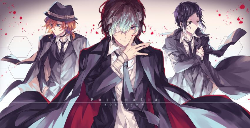 3boys akutagawa_ryuunosuke_(bungou_stray_dogs) bandage_over_one_eye bandaged_arm bandaged_head bandaged_neck bandages bangs black_coat black_hair black_headwear black_jacket black_neckwear black_suit blood blood_on_face blood_stain bungou_stray_dogs choker closed_mouth coat coat_on_shoulders collared_shirt dazai_osamu_(bungou_stray_dogs) dress_shirt english_text formal hair_between_eyes hand_up hands_in_pockets hat jacket long_coat long_sleeves looking_at_viewer looking_away male_focus mogi_(green_tea_planet) multiple_boys nakahara_chuuya necktie orange_hair shirt short_hair smile upper_body violet_eyes white_background white_shirt