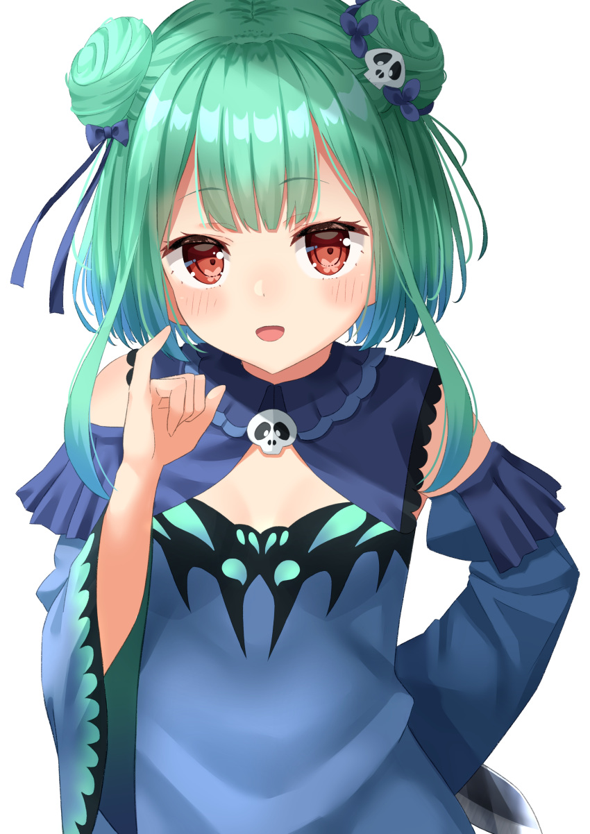 1girl absurdres blush breasts commentary_request detached_sleeves double_bun green_hair hair_ornament highres hololive knife looking_at_viewer open_mouth pinky_swear red_eyes simple_background small_breasts solo starkamisan uruha_rushia virtual_youtuber white_background