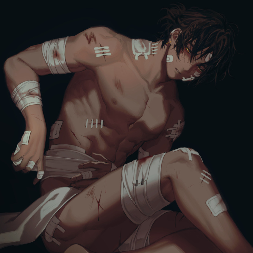 1boy abs arknights arm_wrap bandage_on_face bandage_over_one_eye bandaged_arm bandaged_hands bandaged_head bandaged_leg bandages bandaid bandaid_on_arm bangs black_background black_hair blood braid cuts dark_skin foot_out_of_frame highres injury knee_up looking_at_viewer male_focus manjyufroth muscle naked_bandage nipples nude scar short_hair sitting solo thorns_(arknights)