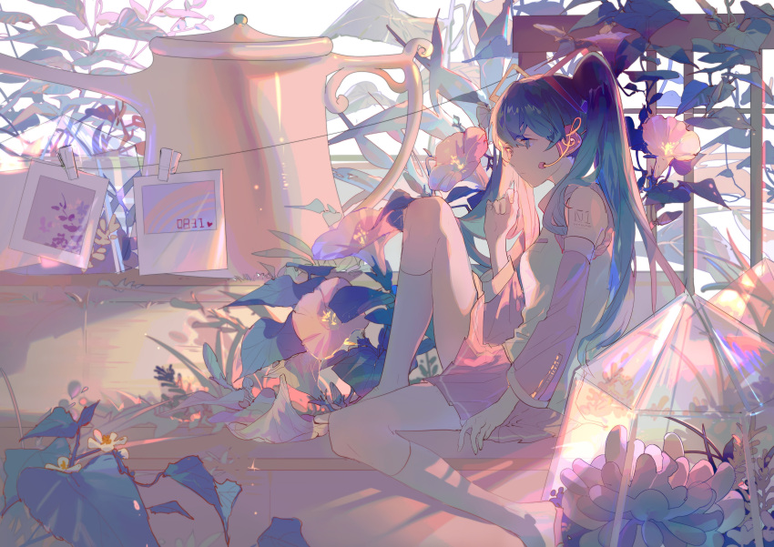 1girl absurdres arm_at_side backlighting blue_eyes blue_hair blue_theme breasts closed_mouth clothes_pin commentary_request detached_sleeves expressionless eyebrows_visible_through_hair facing_away fingernails flower from_side full_body grass hair_ornament hand_up hatsune_miku headset highres iridescent leaf leg_up light lobelia_(saclia) long_hair looking_afar morning_glory musical_note musical_note_hair_ornament number_tattoo photo_(object) pink_theme plant pleated_skirt shadow shiny shiny_hair shirt shoulder_tattoo sideboob sitting skirt sleeveless sleeveless_shirt small_breasts solo straight_hair tattoo terrarium thighs treble_clef treble_clef_hair_ornament twintails vocaloid watering_can white_flower white_legwear white_shirt