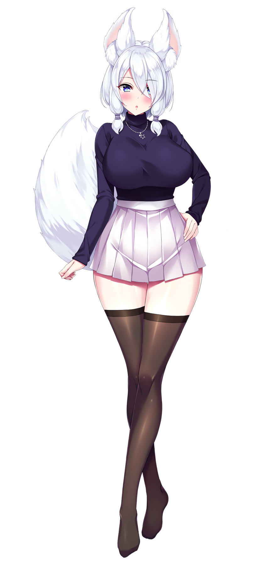 1girl animal_ear_fluff animal_ears black_legwear blue_eyes blush breasts crossed_legs eyebrows_visible_through_hair fox_ears fox_tail full_body hair_over_one_eye hand_on_hip high-waist_skirt highres huge_breasts jewel_(the_black_canvas) jewelry long_sleeves looking_at_viewer lulu_(one_shota_one) necklace one_shota_one parted_lips pleated_skirt sidelocks simple_background skirt solo standing sweater tachi-e tail thigh-highs transparent_background turtleneck turtleneck_sweater white_hair zettai_ryouiki