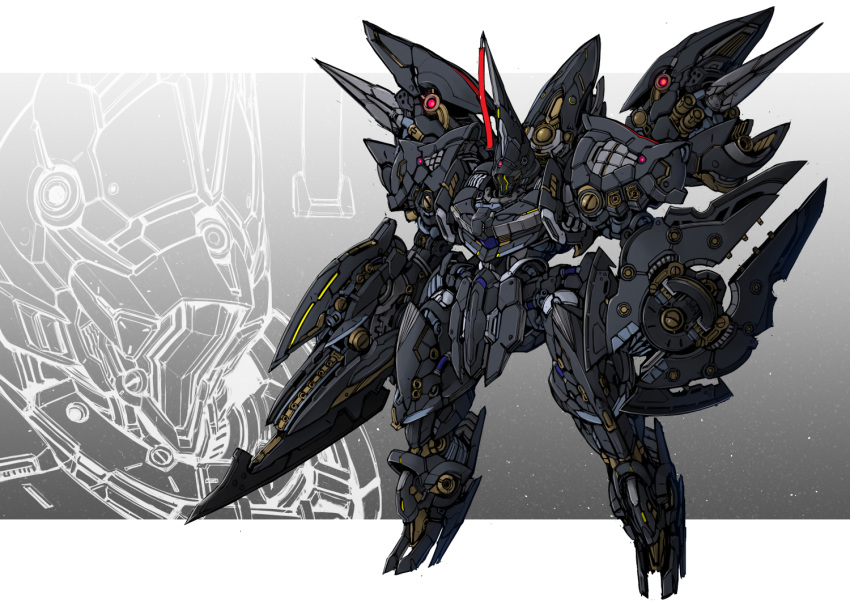 gun holding holding_gun holding_shield holding_weapon mecha no_humans one-eyed original red_eyes science_fiction shield solo standing takamaru_(taka1220) weapon zoom_layer