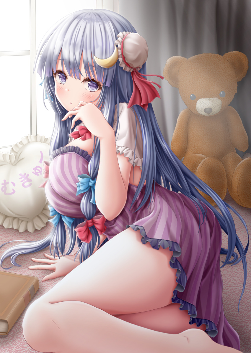 1girl :o akino_irori arm_support arm_up bangs bare_legs barefoot blue_hair blush book breasts capelet commentary_request crescent crescent_hair_ornament curtains day dress eyebrows_visible_through_hair feet_out_of_frame hair_bun hair_ornament hair_ribbon hand_on_own_face head_tilt heart heart_pillow highres indoors large_breasts long_hair looking_at_viewer mukyuu no_hat no_headwear on_floor patchouli_knowledge petticoat pillow ribbon shiny shiny_hair short_dress sidelocks sitting sleeveless sleeveless_dress solo strapless strapless_dress striped striped_dress stuffed_animal stuffed_toy tareme teddy_bear touhou tress_ribbon very_long_hair violet_eyes white_capelet window yokozuwari