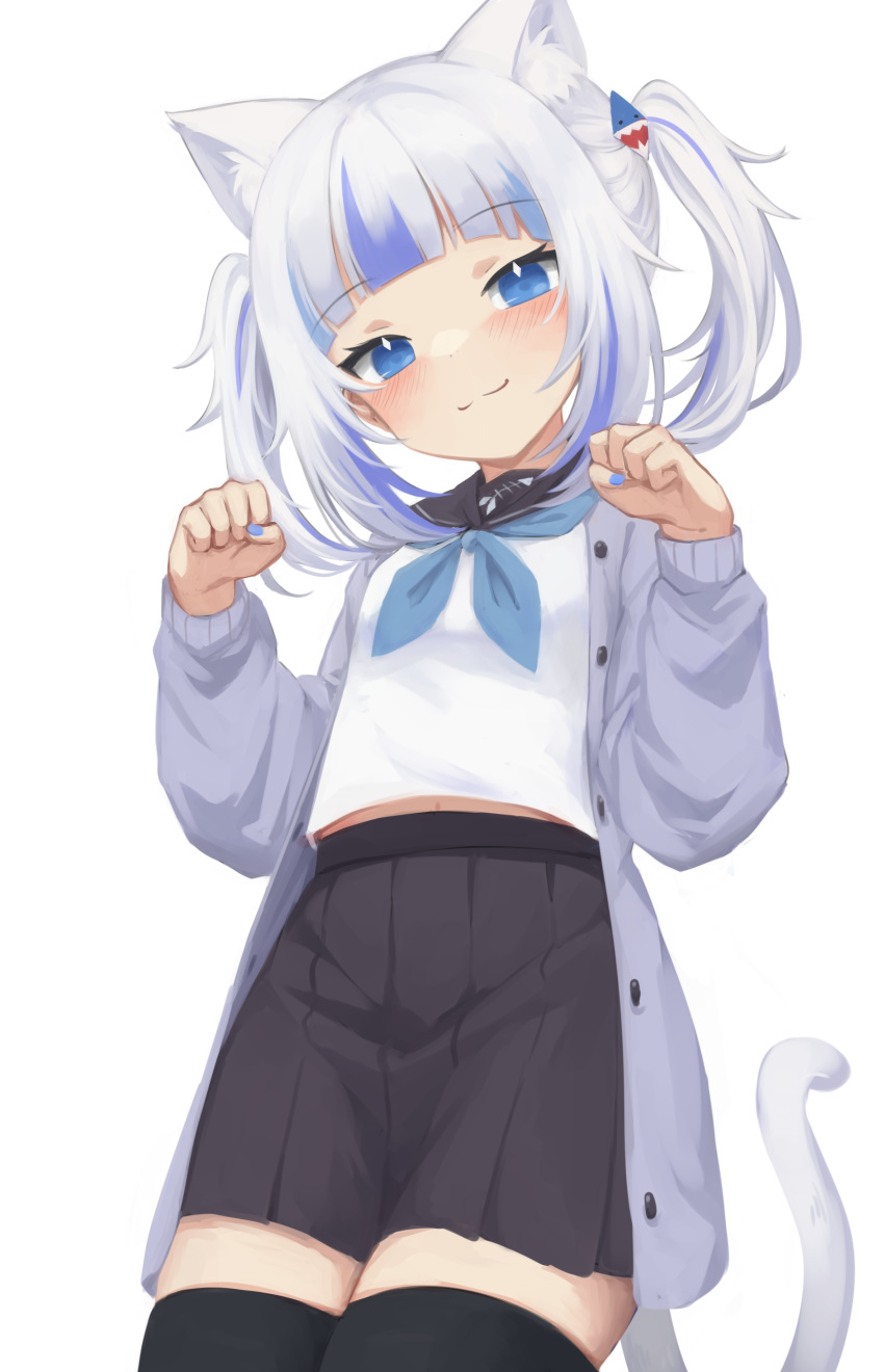 1girl :3 absurdres alternate_tail animal_ear_fluff animal_ears bangs black_legwear black_skirt blue_eyes blue_hair blue_nails blunt_bangs blush cat_ears cat_girl cat_tail commentary english_commentary eyebrows_visible_through_hair gawr_gura hair_ornament hairclip head_tilt highres hololive hololive_english kemonomimi_mode klaius looking_at_viewer multicolored_hair paw_pose pleated_skirt simple_background skirt smile solo streaked_hair tail thigh-highs twintails two-tone_hair virtual_youtuber white_background white_hair zettai_ryouiki