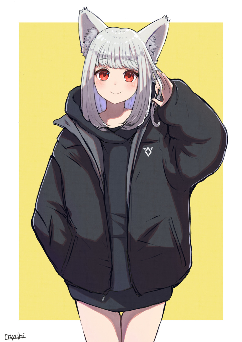 1girl animal_ear_fluff animal_ears arm_up artist_name bangs black_coat black_hoodie blush border closed_mouth coat cowboy_shot eyebrows_visible_through_hair hand_in_pocket highres hood hood_down hoodie long_hair long_sleeves looking_at_viewer nayuhi_(yukimuu14) open_clothes open_coat original outside_border puffy_long_sleeves puffy_sleeves red_eyes silver_hair simple_background smile solo thigh_gap white_border yellow_background