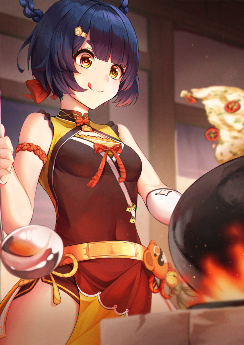 1girl :q arm_garter blue_hair breasts commentary_request covered_navel fire food frying_pan genshin_impact hair_ornament hair_ribbon hair_rings hairclip highres holding holding_ladle ladle medium_breasts omelet red_ribbon ribbon short_hair solo sora_(men0105) tongue tongue_out xiangling_(genshin_impact) yellow_eyes
