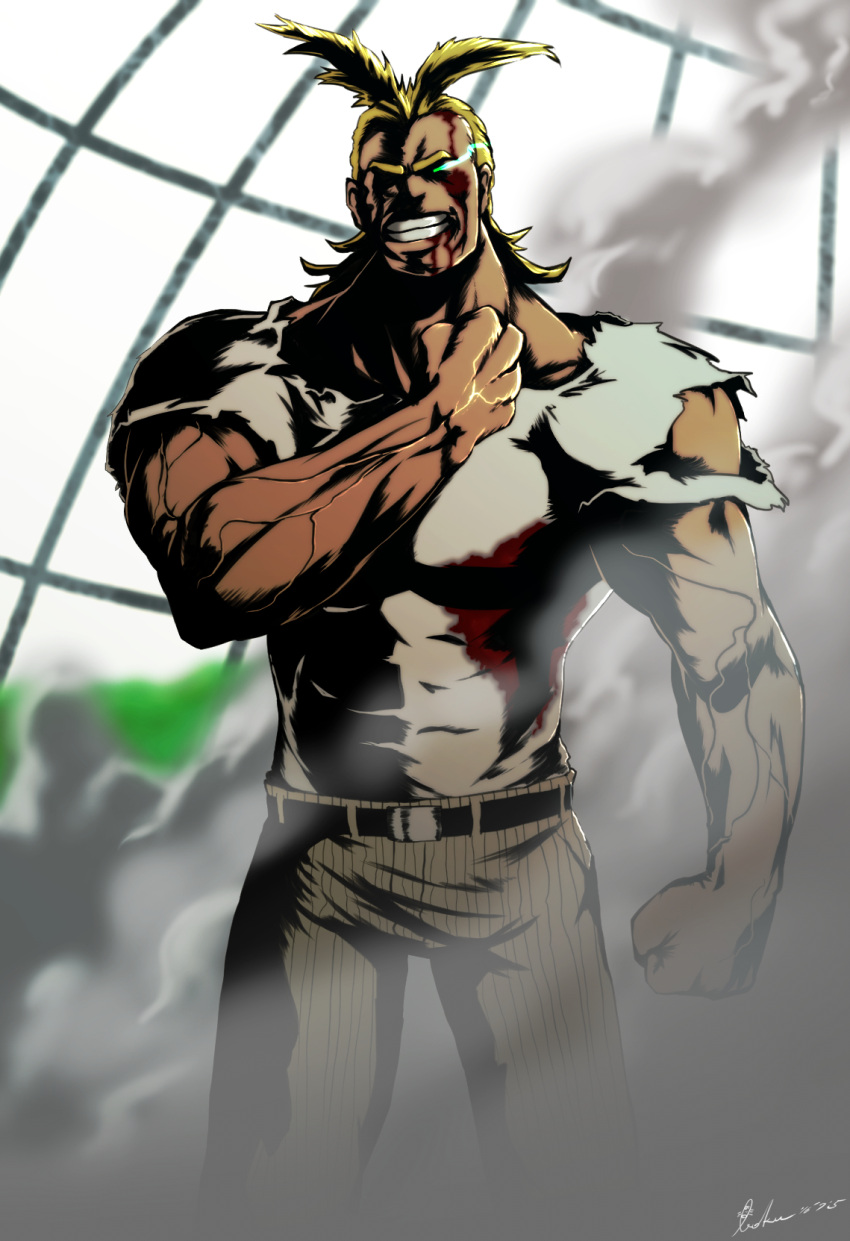 1boy all_might antenna_hair blonde_hair blood bloody_clothes blue_eyes boku_(bo_ku) boku_no_hero_academia covered_eyes grin hair_slicked_back highres looking_at_viewer male_focus medium_hair muscle pants pectorals shirt smile solo striped striped_pants superhero torn_clothes torn_shirt veins white_shirt