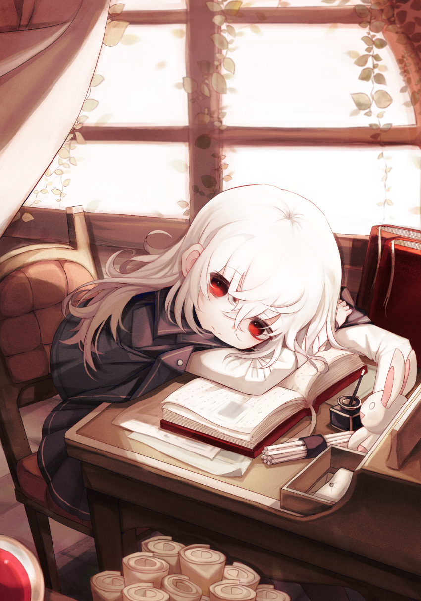 1girl black_jacket black_skirt book chair desk head_rest highres hwaryeok indoors ink_bottle jacket long_hair original red_eyes school_uniform shirt sitting skirt solo white_hair white_shirt window