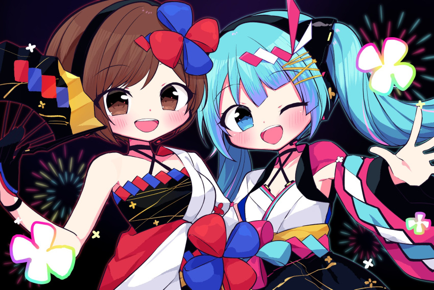 2girls aqua_hair bangs bare_shoulders black_background blunt_bangs blush bow brown_eyes brown_hair commentary criss-cross_halter fan folding_fan hair_bow hair_ornament halterneck hatsune_miku highres holding holding_fan japanese_clothes kasaki_sakura kimono long_hair looking_at_viewer magical_mirai_(vocaloid) meiko multiple_girls one_eye_closed open_mouth outstretched_arm pink_sleeves side-by-side single_sleeve smile twintails upper_body very_long_hair vocaloid white_kimono wide_sleeves yukata