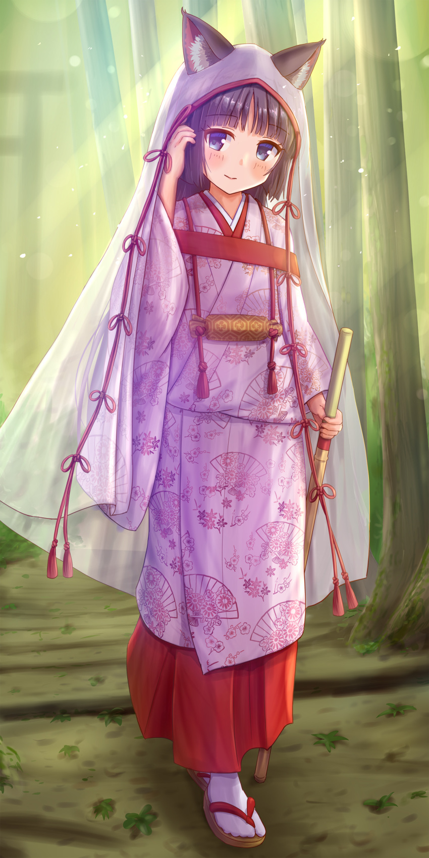 1girl absurdres animal_ear_fluff animal_ears bangs black_hair blue_eyes blush brown_footwear cat_ears closed_mouth commentary_request day ears_through_headwear eyebrows_visible_through_hair fan_print forest full_body hakama hand_up highres holding iroha_(iroha_matsurika) japanese_clothes kimono long_sleeves nature original outdoors print_kimono red_hakama see-through smile solo standing tabi torii tree veil white_kimono white_legwear wide_sleeves zouri