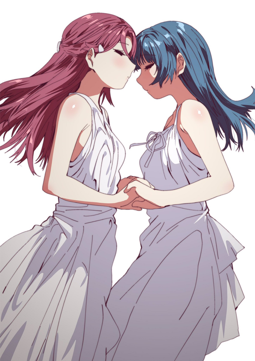 2girls barrette blue_hair bow closed_eyes closed_mouth dress ecoman facing_another hair_ornament hairclip half_updo hands_clasped highres holding_hands long_hair love_live! love_live!_sunshine!! multiple_girls own_hands_together redhead sakurauchi_riko simple_background string_bowtie sundress tsushima_yoshiko white_dress yuri