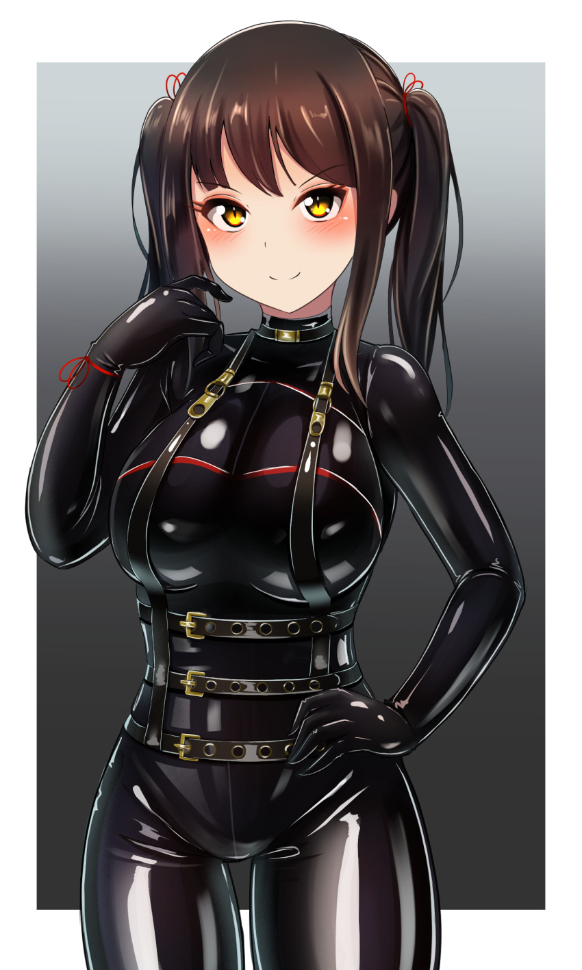 1girl black_bodysuit bodysuit brown_hair eyebrows_visible_through_hair hand_on_hip harness highres ibusuki latex latex_bodysuit looking_at_viewer original shiny shiny_clothes skin_tight smile solo twintails yellow_eyes