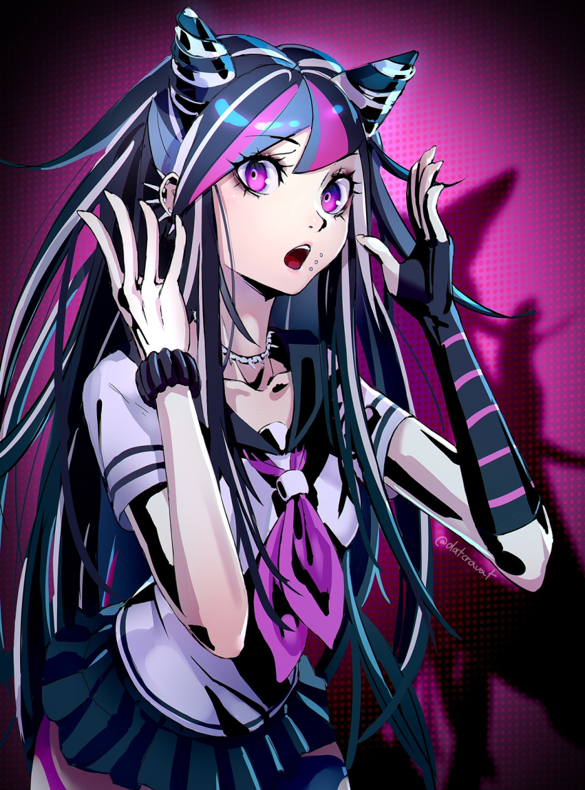 1girl :o commentary dangan_ronpa datcravat elbow_gloves fingerless_gloves gloves highres looking_at_viewer mioda_ibuki mosaic_background multicolored_hair school_uniform serafuku solo super_dangan_ronpa_2 violet_eyes