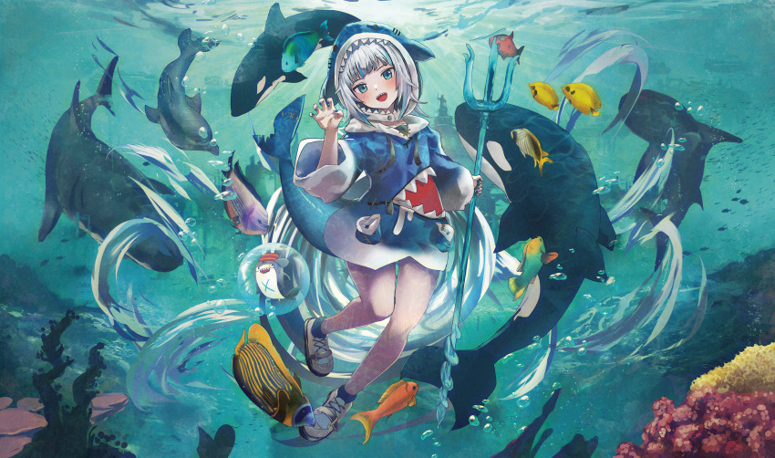 1girl animal_hood bare_legs blue_eyes blue_hair blue_hoodie blue_legwear blue_nails blush bubble cherre_(jerre-david13579) claw_pose commentary dolphin english_commentary fangs fish flat_chest full_body gawr_gura highres hololive hololive_english hood hoodie looking_at_viewer medium_hair multicolored_hair nail_polish open_mouth orca polearm shark shark_hood sharp_teeth shoes silver_hair smile socks solo streaked_hair teeth thighs trident two-tone_hair underwater virtual_youtuber weapon white_footwear