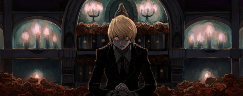 1boy black_neckwear black_suit blonde_hair candelabra candle closed_mouth earrings emu_taro eyeball fingernails fire flame flower formal glowing glowing_eyes hair_between_eyes hands_together highres hunter_x_hunter immersed indoors jewelry kurapika looking_at_viewer male_focus necktie painterly red_eyes red_flower red_rose rose sitting solo statue suit water wide-eyed