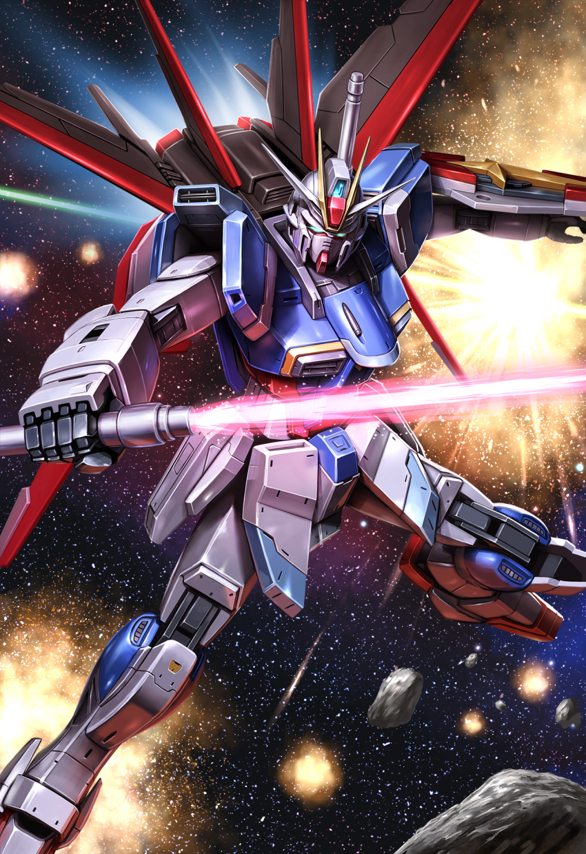 asteroid beam_saber blue_eyes explosion flying glowing glowing_eyes gundam gundam_seed gundam_seed_destiny highres holding holding_sword holding_weapon impulse_gundam looking_down lotz mecha mechanical_wings no_humans open_hand shield solo space sword v-fin weapon wings