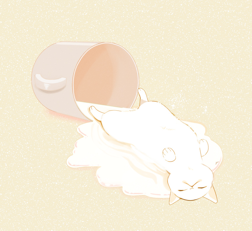 animal cat chai commentary_request cup highres liquid lying milk on_back original signature simple_background spill spilled_milk undersized_animal white_cat