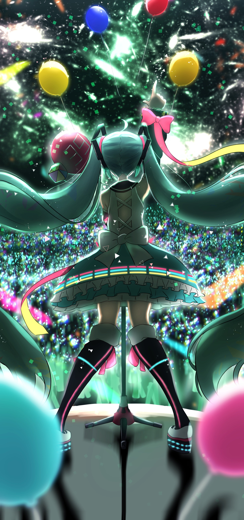 1girl 39 absurdres aqua_hair audience backlighting balloon bare_shoulders black_legwear black_sleeves blurry_foreground commentary confetti detached_sleeves frilled_skirt frills from_behind full_body hair_ornament hatsune_miku headphones highres hoop_skirt huge_filesize itogari knees_together_feet_apart long_hair magical_mirai_(vocaloid) microphone_stand neon_trim penlight shirt shoulder_tattoo skirt sleeveless sleeveless_shirt spotlight standing tattoo thigh-highs twintails very_long_hair vocaloid