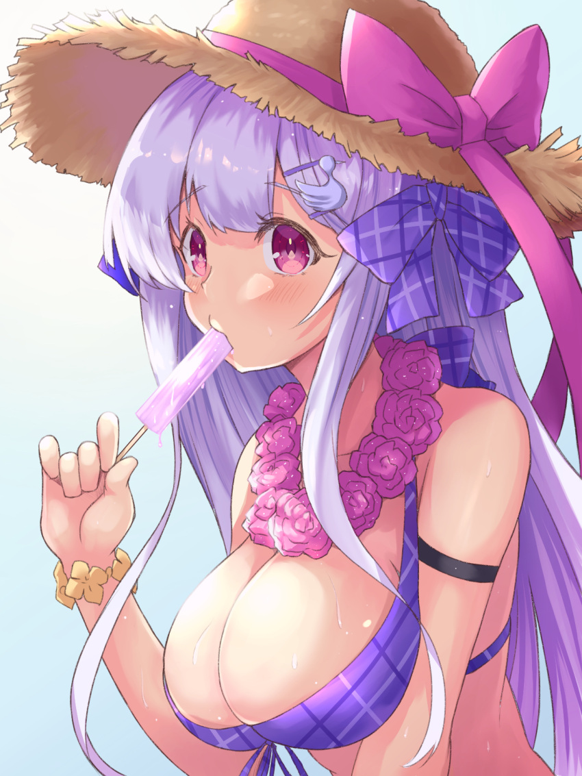 1girl azur_lane blush bow breasts cygnet_(azur_lane) eyebrows_visible_through_hair food hair_bow hair_ribbon hat hat_bow highres holding holding_food ice_cream large_breasts long_hair looking_at_viewer miimu_(nelreg3) purple_hair ribbon simple_background solo sun_hat swimsuit violet_eyes
